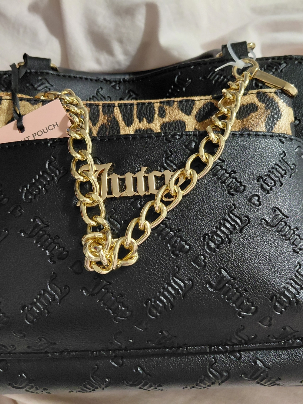 Juicy Couture Black Leather Tote With Small Leapard Print Pouch